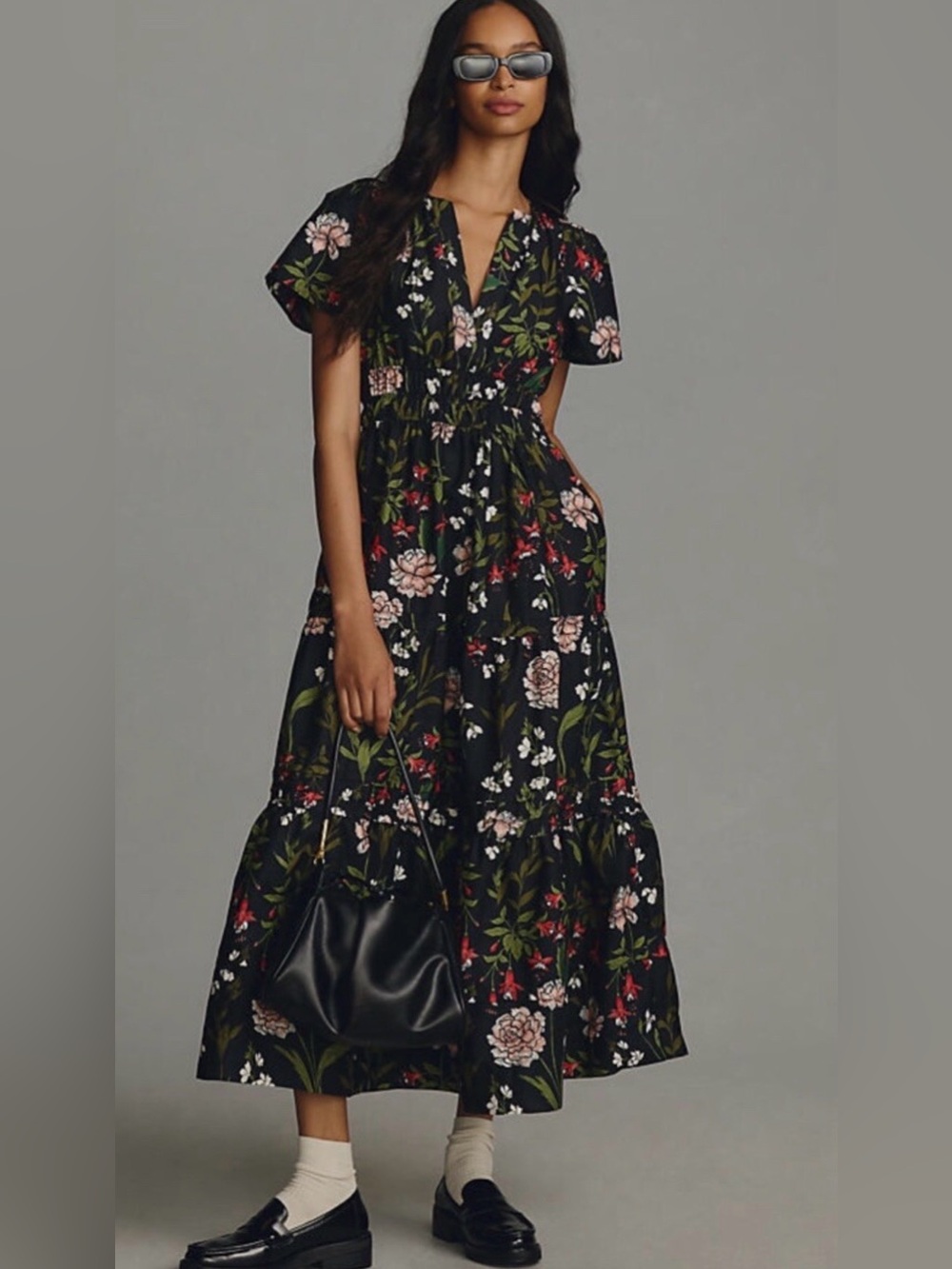 Anthropologie The Somerset Maxi Dress Tiered Smocked Floral Black Motif Sz XL